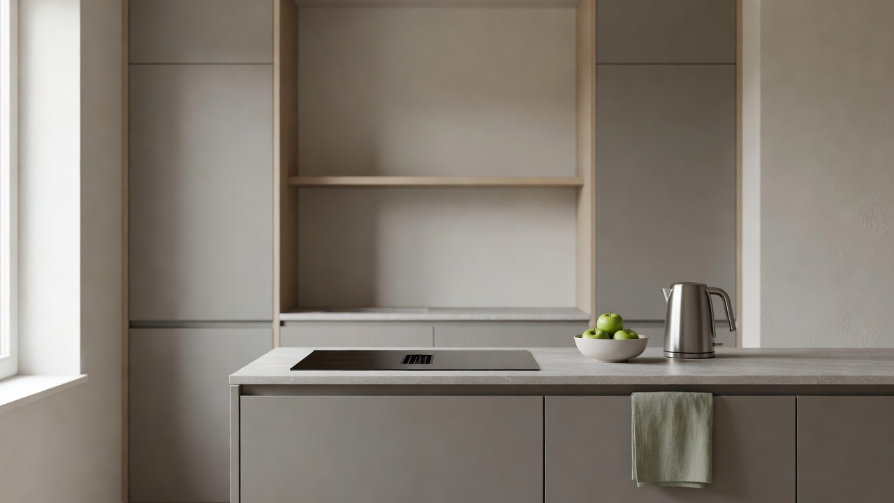 Moderne minimalistische keuken met inductiekookplaat, inbouwkoelkast en waterkoker