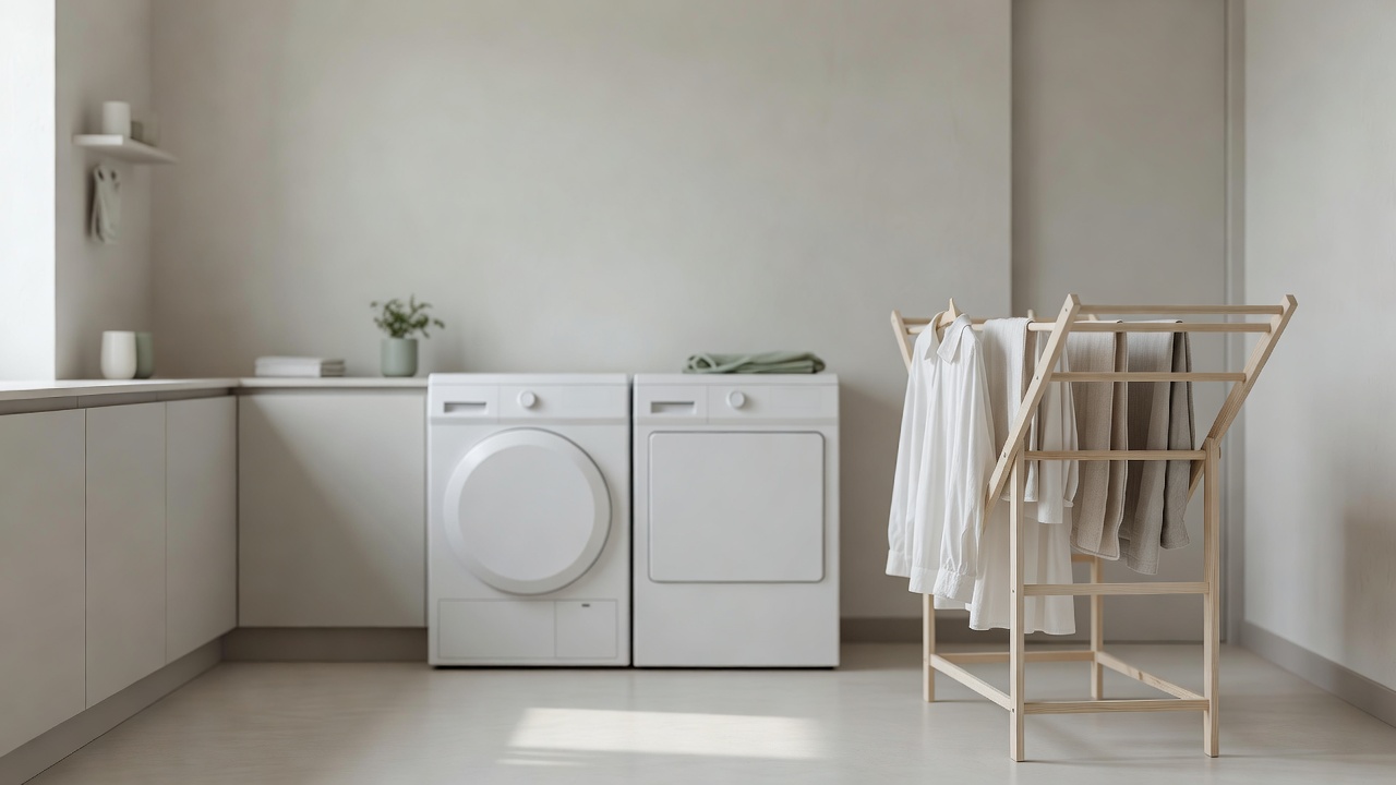 Wasmachine en wasdroger naast elkaar met een houten wasrek in een lichte wasruimte