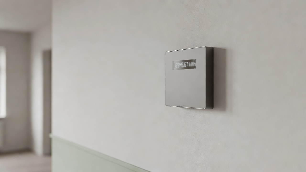 Digitale slimme energiemeter aan de muur in een Nederlandse woning