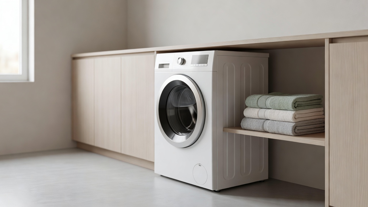 Witte wasmachine in een lichte bijkeuken met een stapel opgevouwen handdoeken