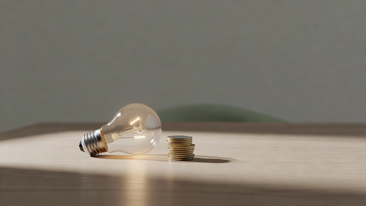 Gloeiende ledlamp naast een stapeltje euromunten op een houten tafel