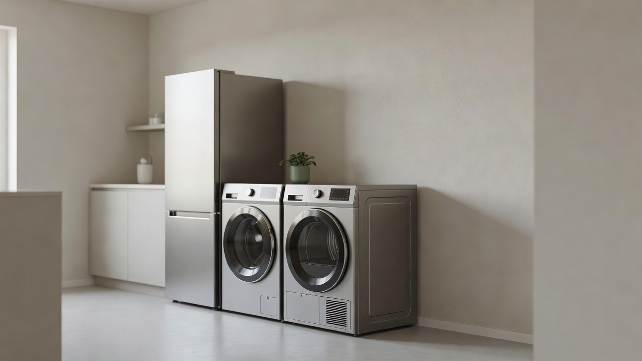 Koel-vriescombinatie, wasmachine en wasdroger in een moderne woning